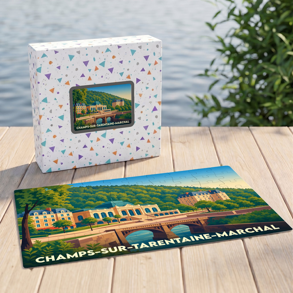 Puzzle souvenir de la ville de Champs-sur-Tarentaine-Marchal avec une illustration stylisée et colorée.