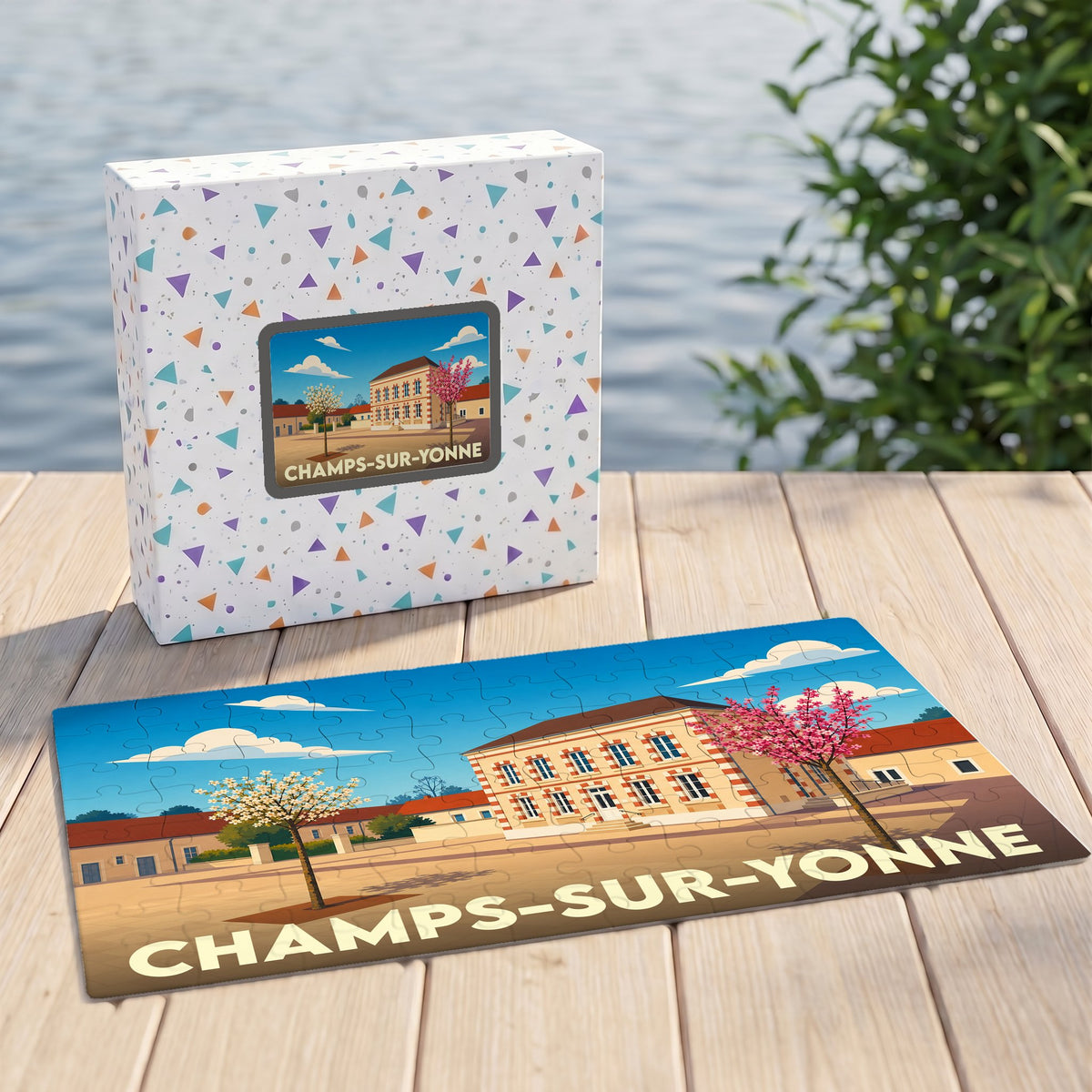 Puzzle souvenir de la ville de Champs-sur-Yonne présentant une illustration stylisée de son architecture locale.