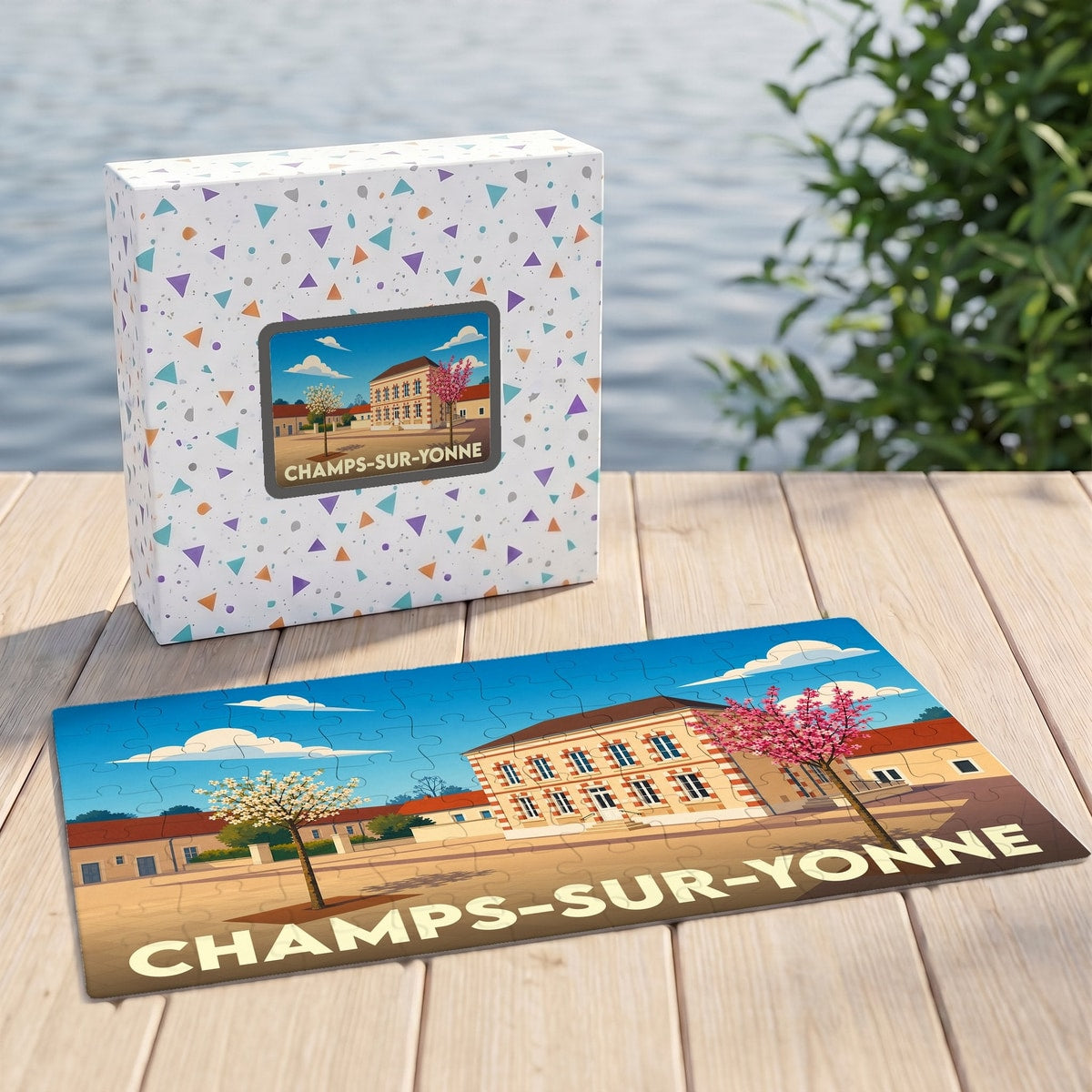 Puzzle souvenir de la ville de Champs-sur-Yonne présentant une illustration stylisée de son architecture locale.