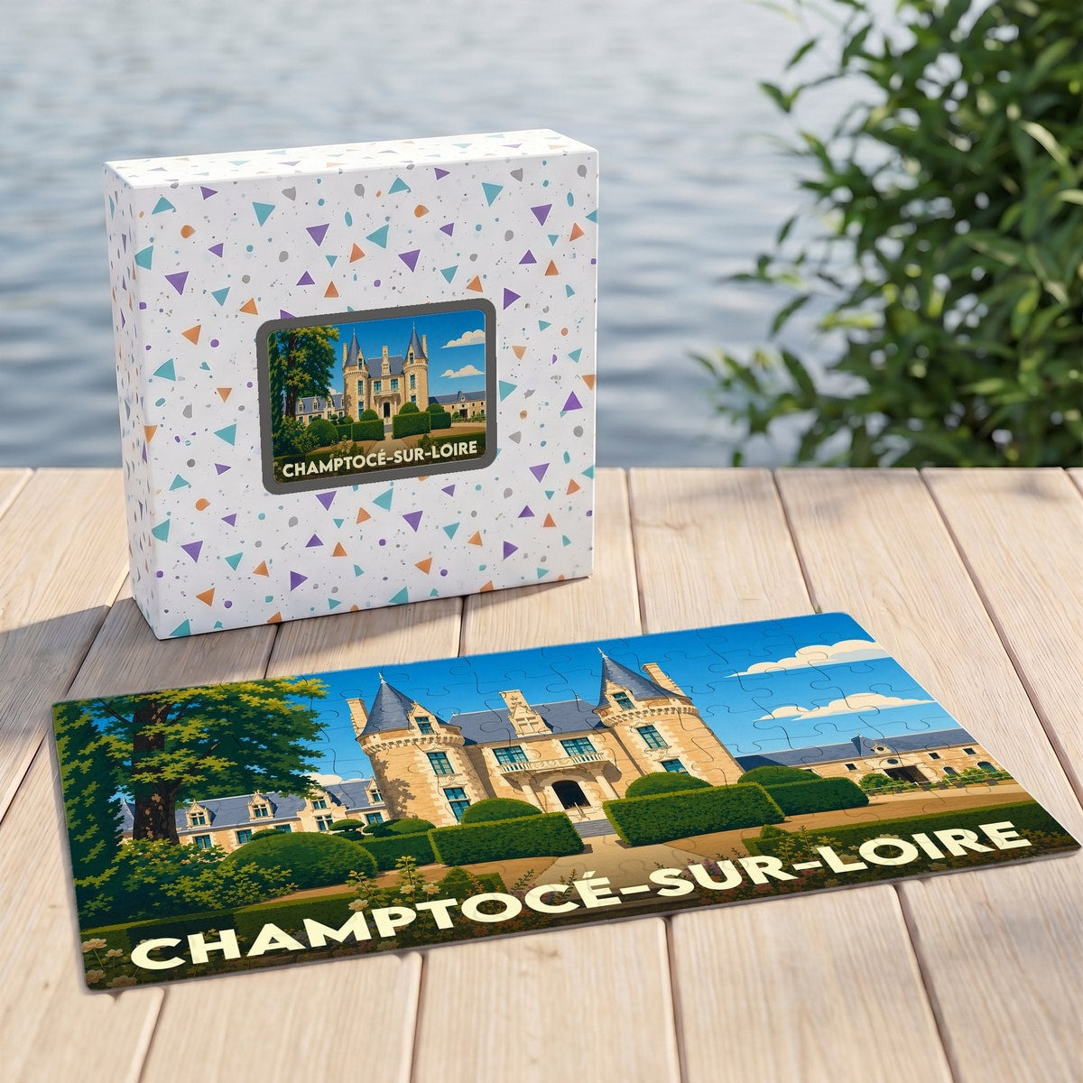 Puzzle souvenir de la ville de Champtocé-sur-Loire représentant son château avec une illustration stylisée.
