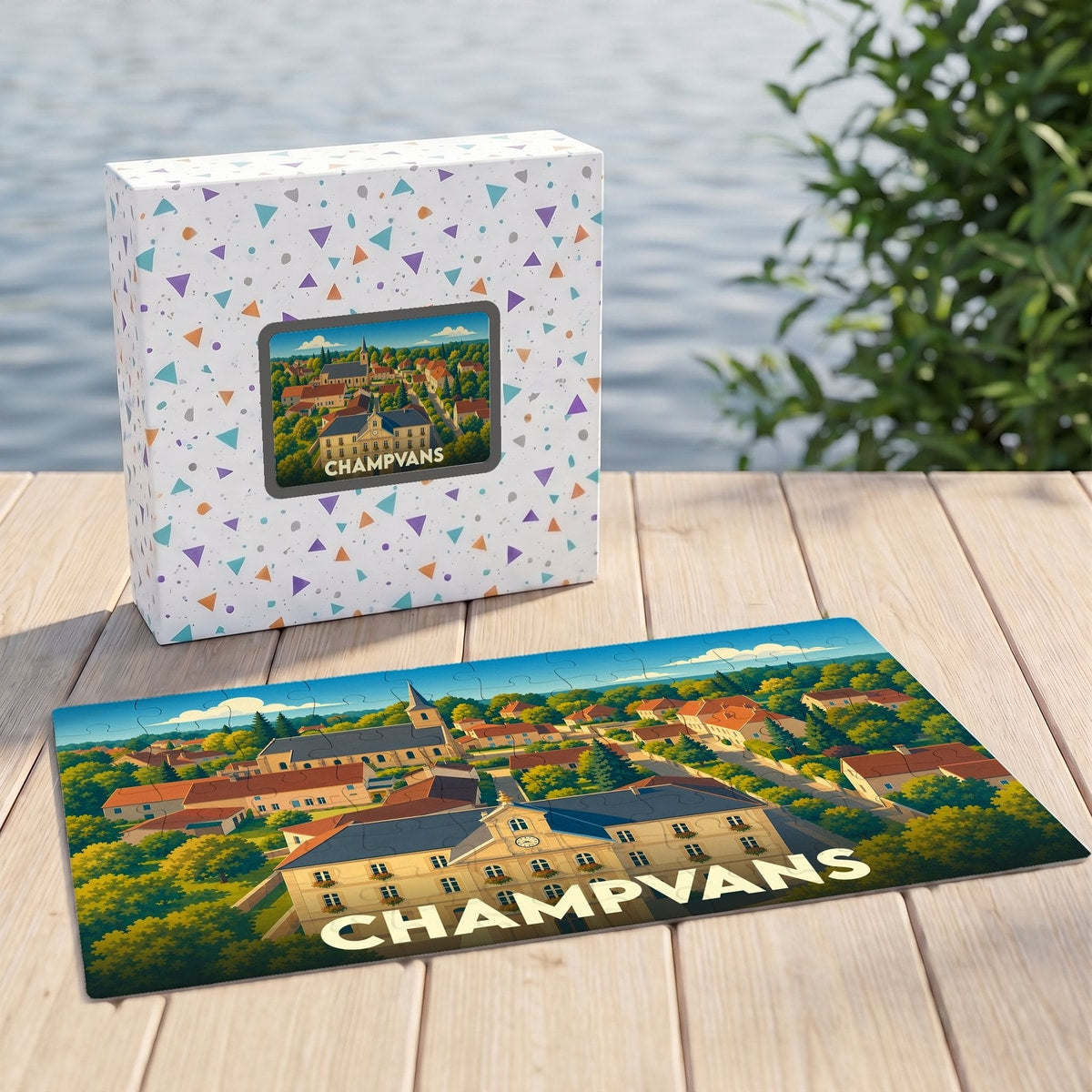 Puzzle souvenir de la ville de Champvans présentant une illustration colorée et stylisée du village.