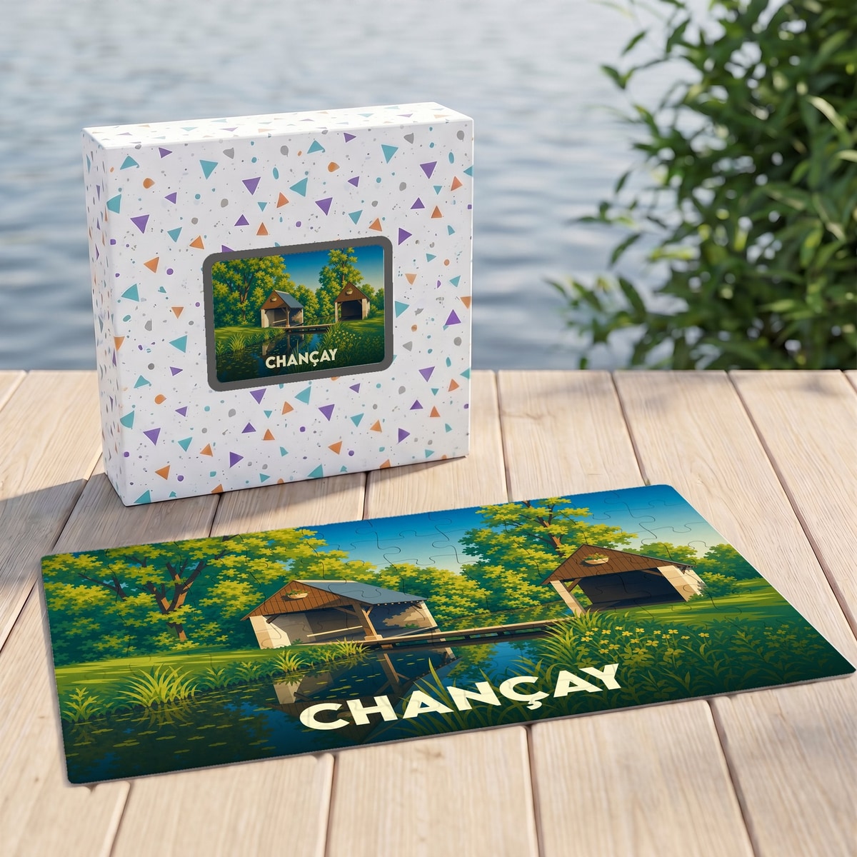 Puzzle souvenir de la ville de Chançay avec une illustration stylisée d'un paysage naturel.