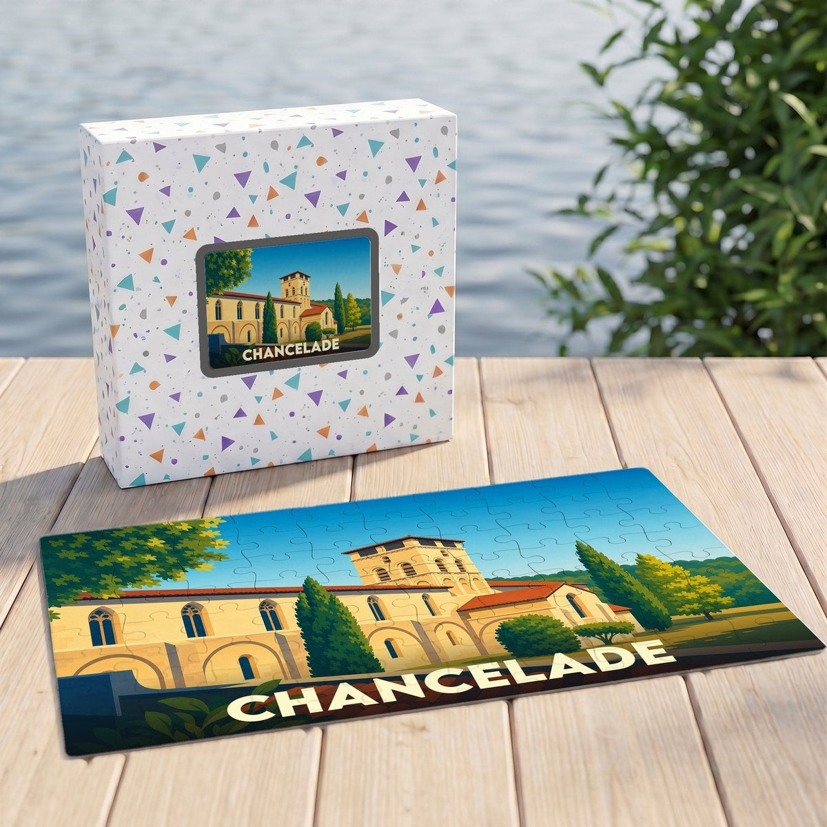 Puzzle souvenir de la ville de Chancelade avec une illustration stylisée de son abbaye.