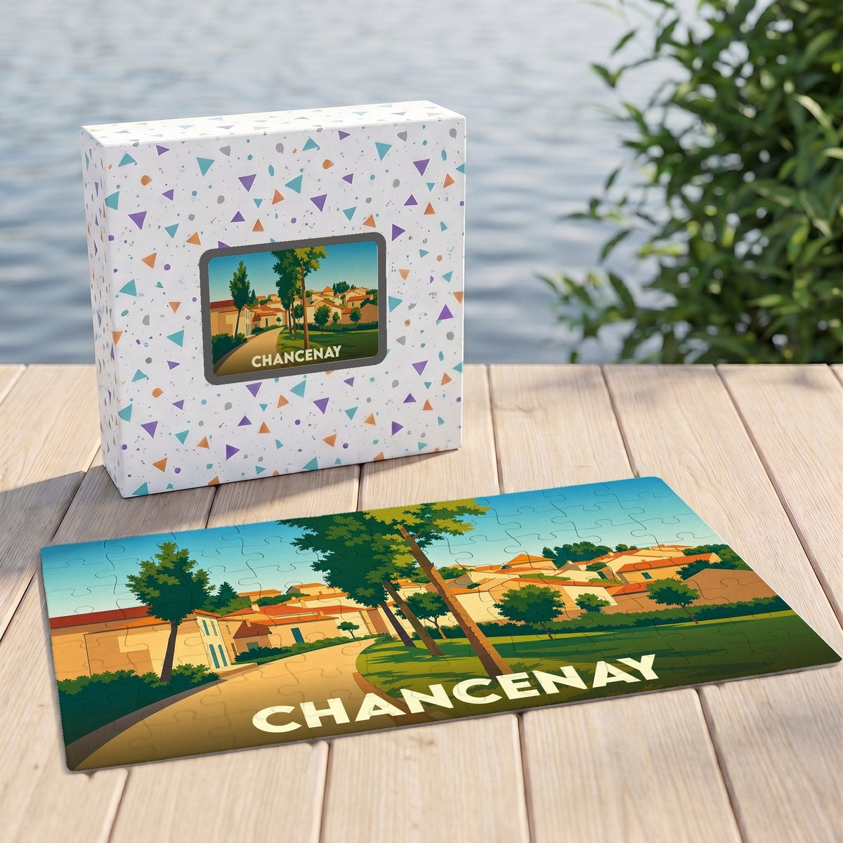 Puzzle souvenir de la ville de Chancenay avec une illustration paysagère colorée et stylisée.