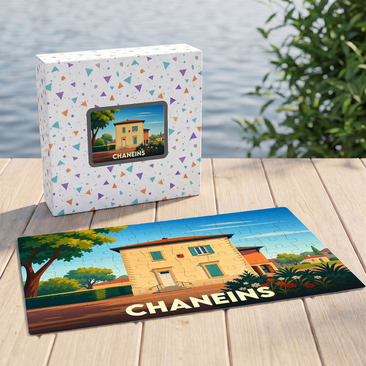 Puzzle souvenir de la ville de Chaneins avec une illustration stylisée.