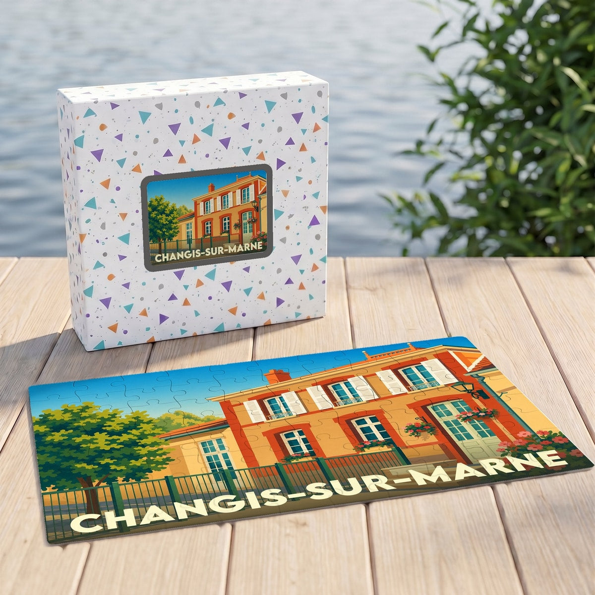 Puzzle souvenir de la ville de Changis-sur-Marne avec une illustration stylisée de sa façade.