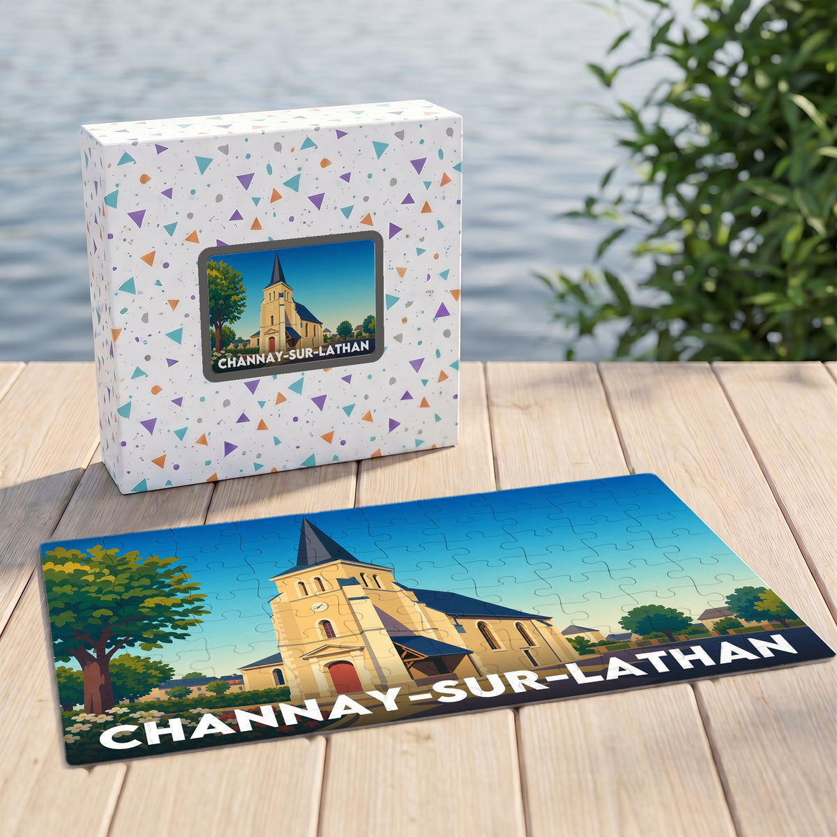 Puzzle souvenir de la ville de Channay-sur-Lathan avec une illustration stylisée de son église.