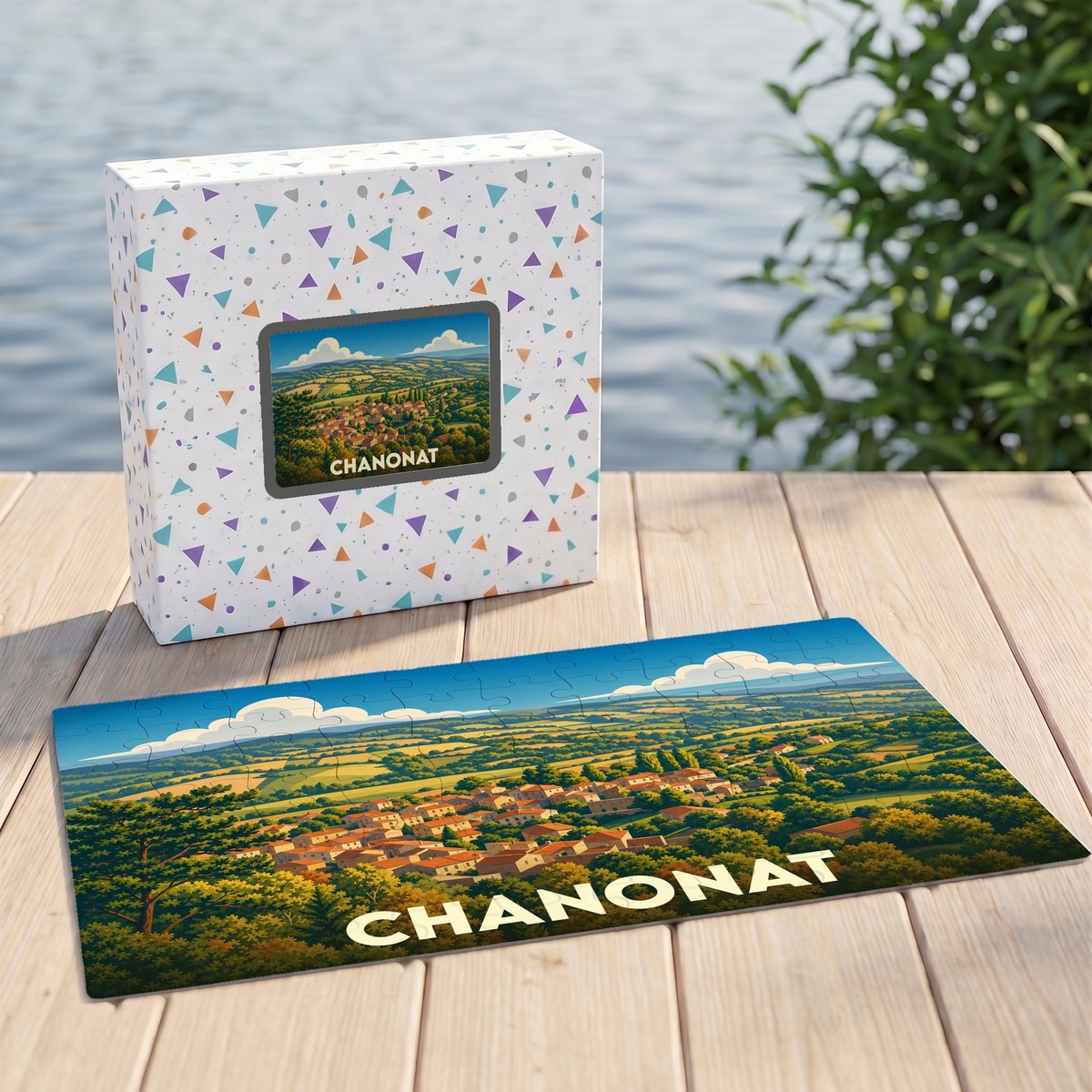 Puzzle souvenir de la ville de Chanonat présentant une illustration stylisée d'un paysage de campagne.