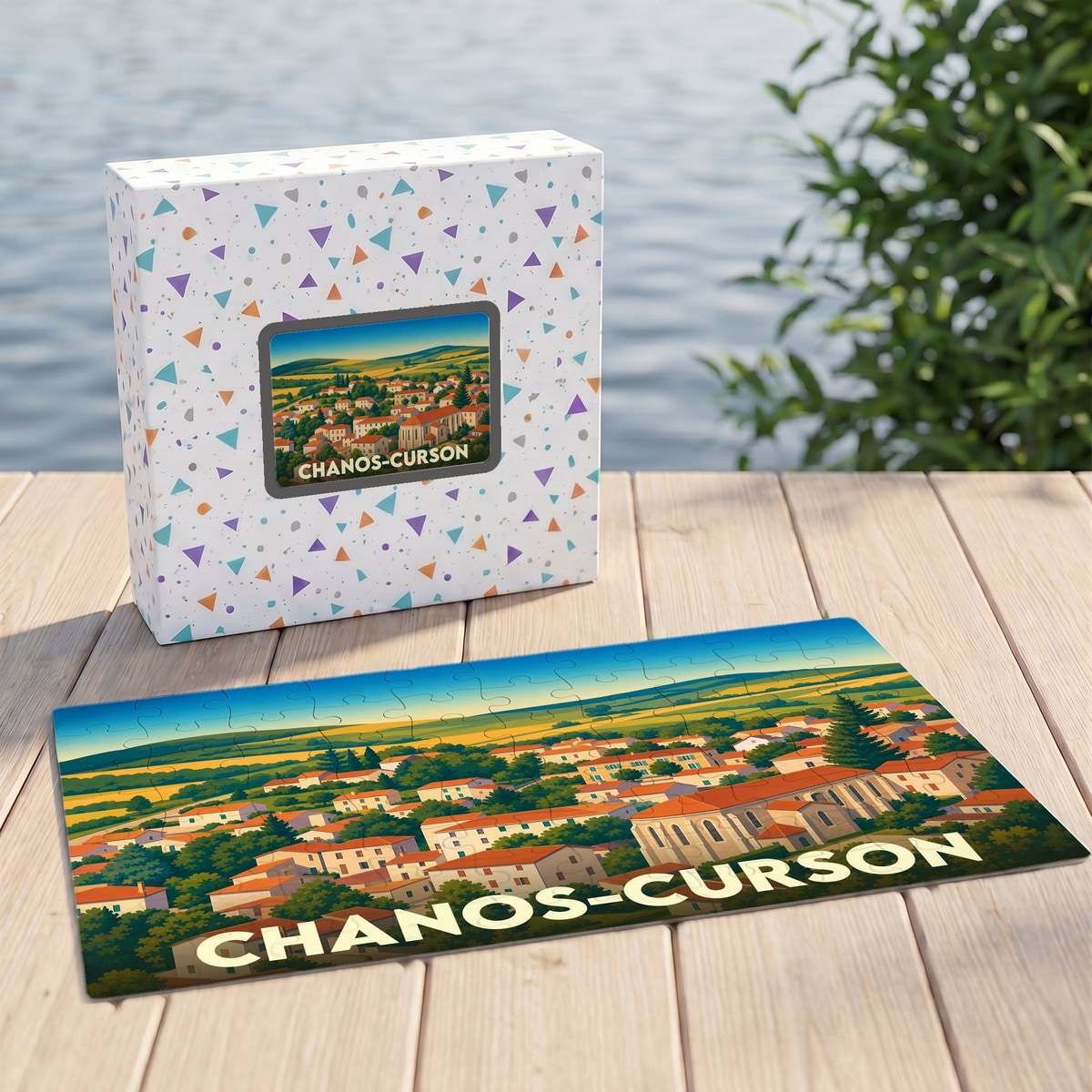Puzzle souvenir de la ville de Chanos-Curson avec une illustration panoramique stylisée.
