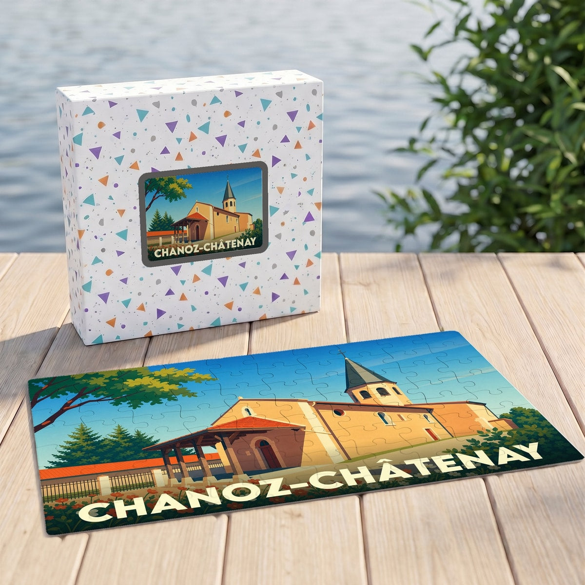 Puzzle souvenir de la ville de Chanoz-Châtenay avec une illustration stylisée de son église.