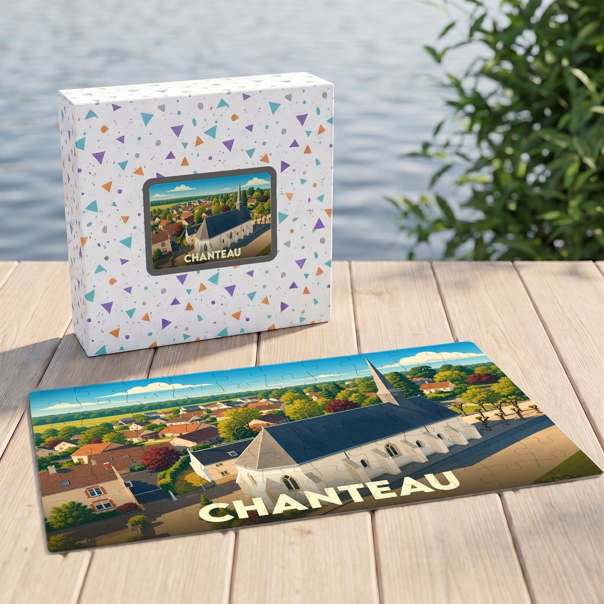 Puzzle souvenir de la ville de Chanteau avec une illustration stylisée de son église et de ses environs.