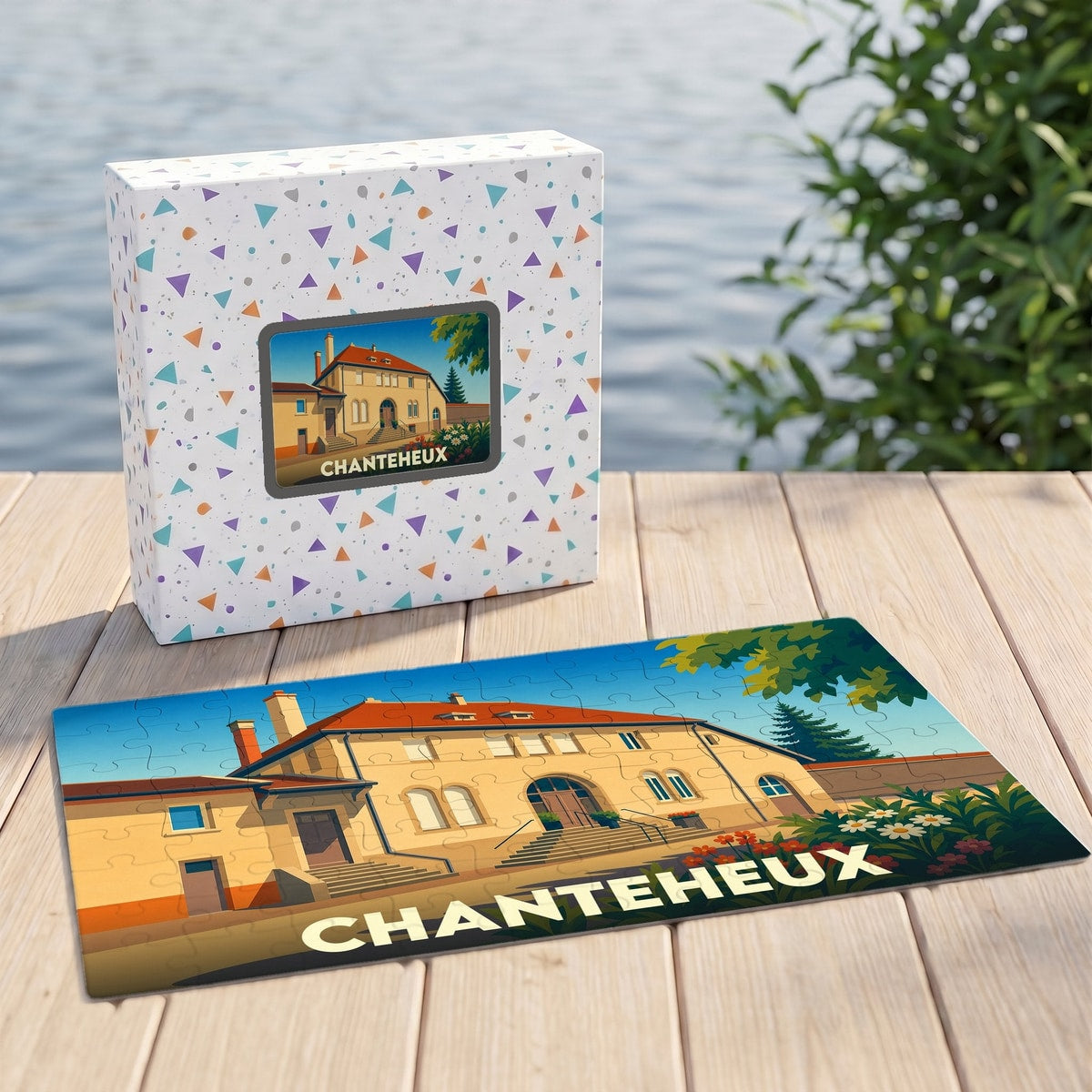 Puzzle souvenir de la ville de Chanteheux représentant une illustration stylisée de son architecture locale.