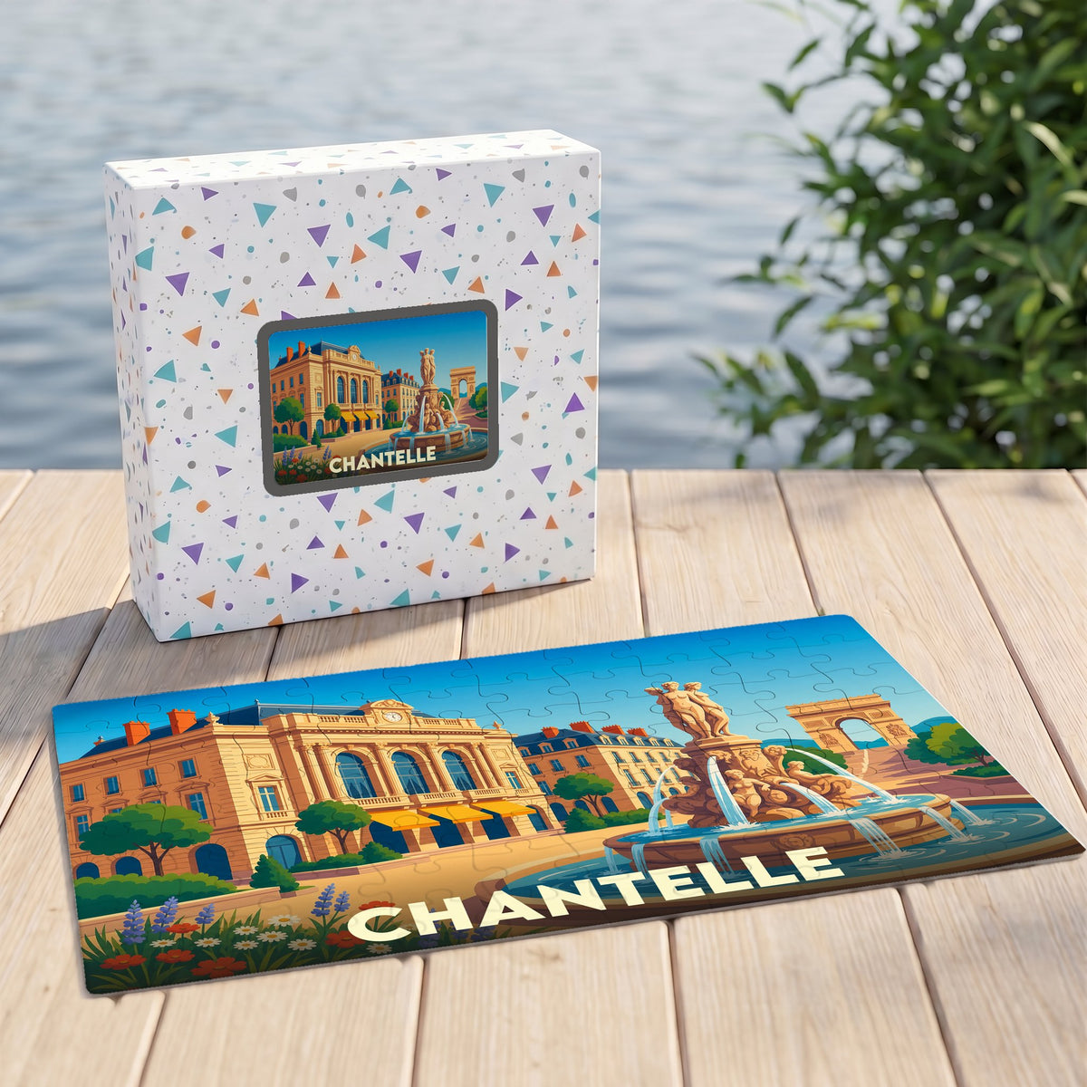 Puzzle souvenir de la ville de Chantelle avec une illustration stylisée de sa place principale.