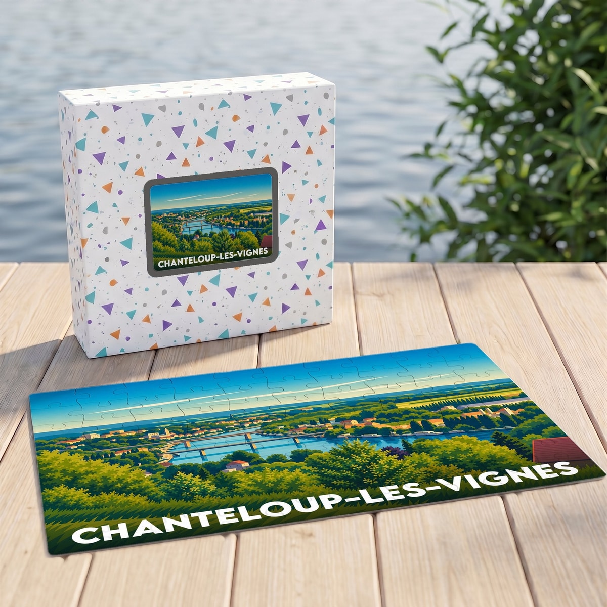 Puzzle souvenir de la ville de Chanteloup-les-Vignes avec une illustration panoramique stylisée.