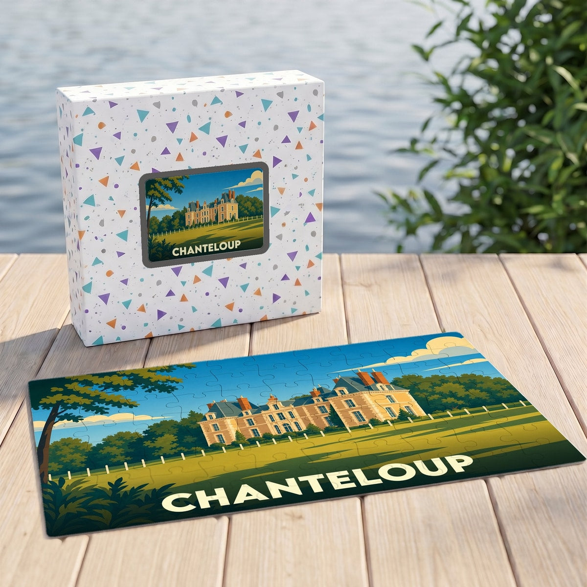 Puzzle souvenir de la ville de Chanteloup avec une illustration stylisée d'un château.