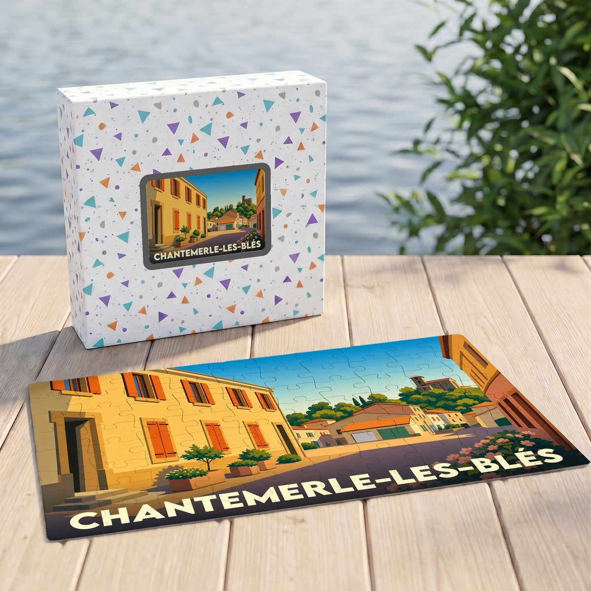 Puzzle souvenir de la ville de Chantemerle-les-Blés avec une illustration stylisée d'une rue ensoleillée.