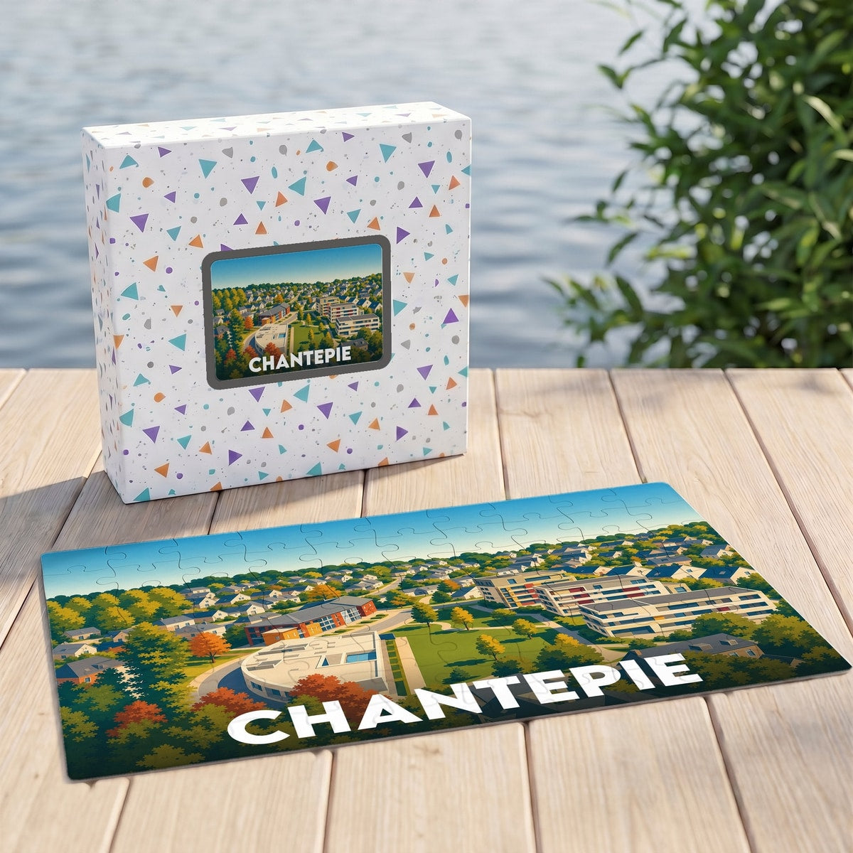 Puzzle souvenir de la ville de Chantepie illustrant un paysage urbain verdoyant et stylisé.