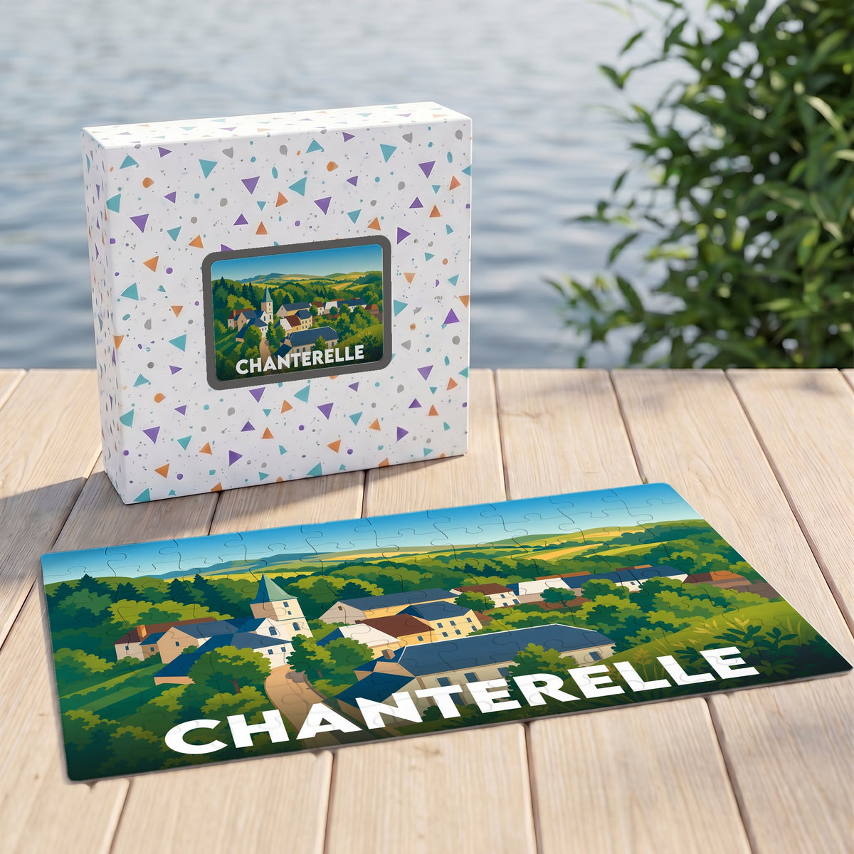 Puzzle souvenir de la ville de Chanterelle avec une illustration stylisée de son paysage urbain.