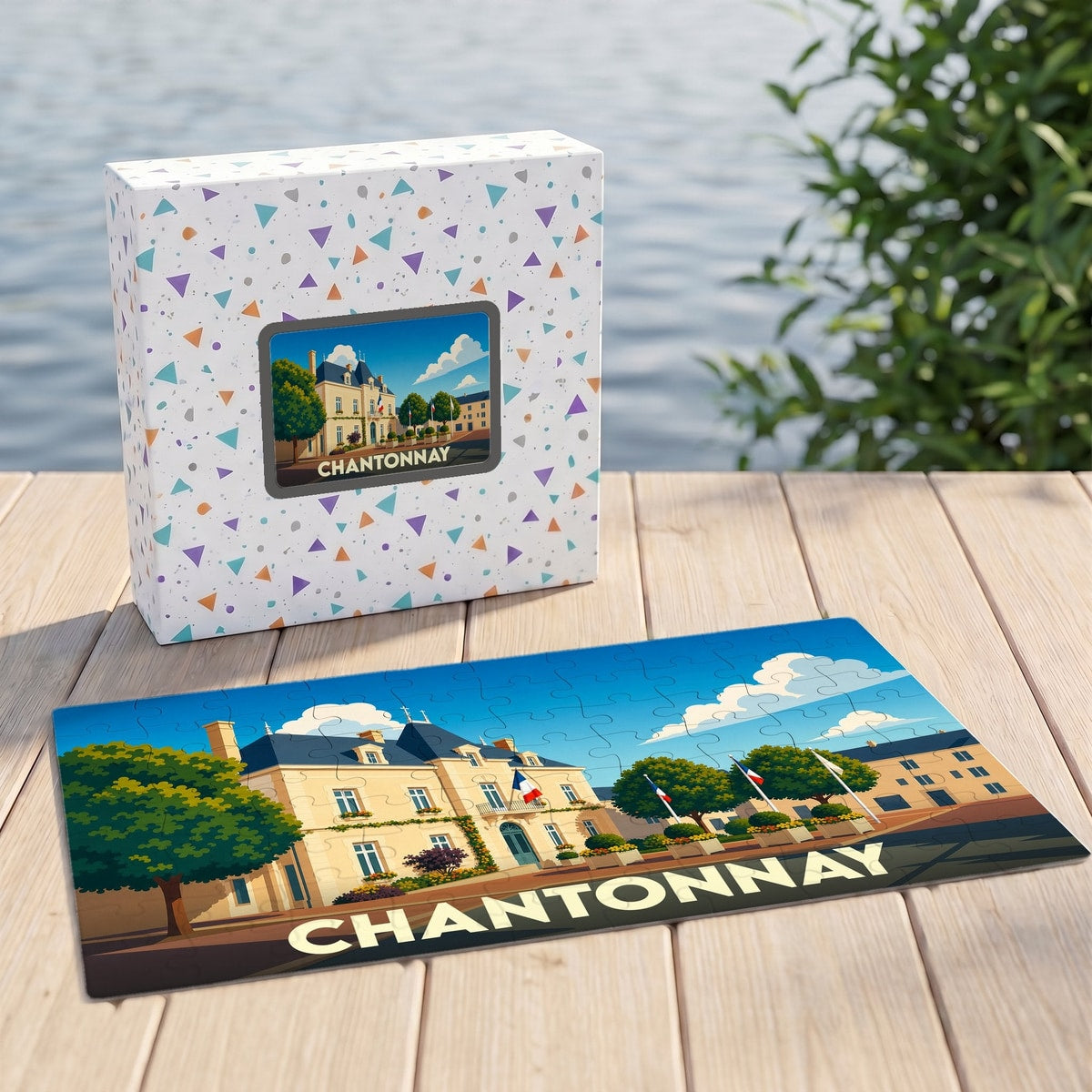 Puzzle souvenir de la ville de Chantonnay avec une illustration stylisée de son hôtel de ville.