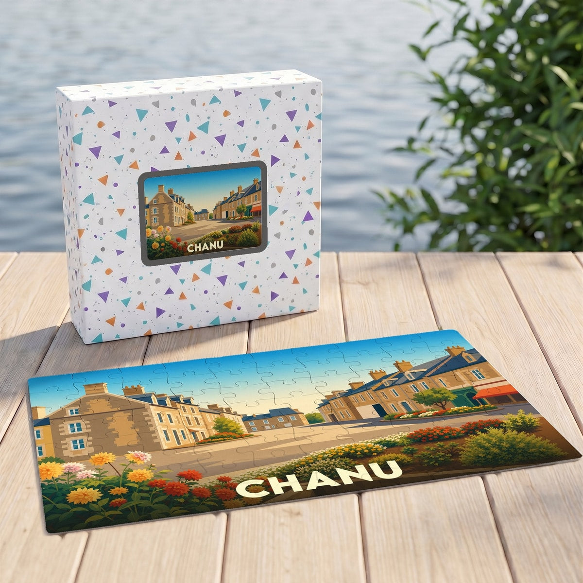 Puzzle souvenir de la ville de Chanu avec son emballage et une illustration stylisée.