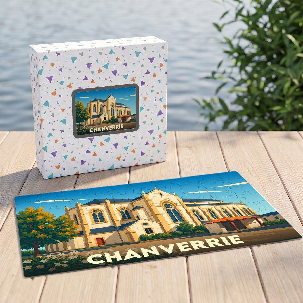 Puzzle souvenir de la ville de Chanverrie avec une illustration stylisée d'une église.