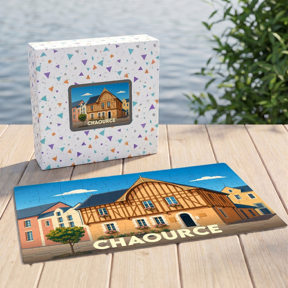 Puzzle souvenir de la ville de Chaource présentant une illustration stylisée de maisons à colombages.