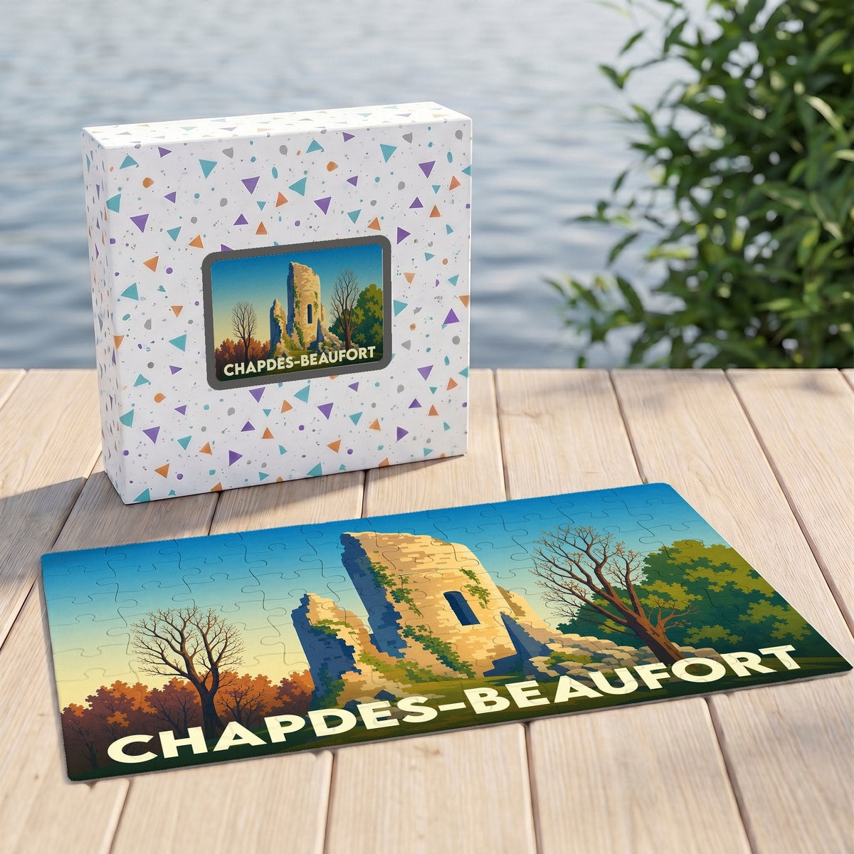 Puzzle souvenir de la ville de Chapdes-Beaufort avec une illustration stylisée d'un château en ruines.