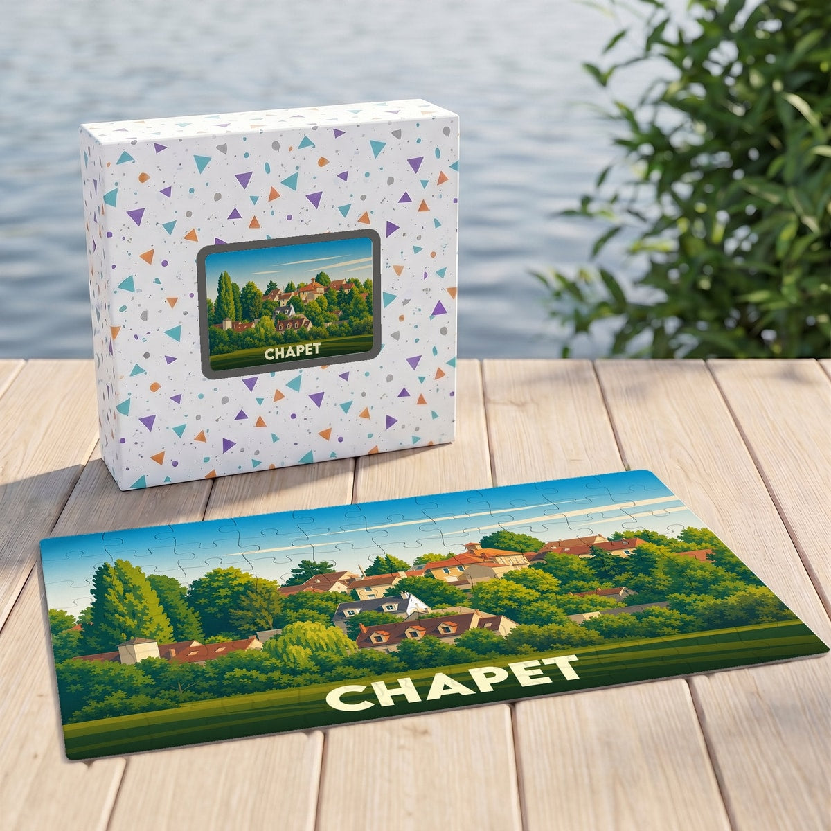 Puzzle souvenir de la ville de Chapet avec une illustration stylisée de son paysage urbain verdoyant.