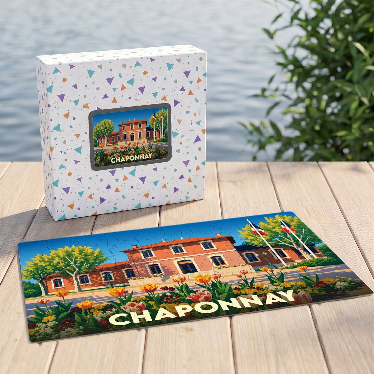 Puzzle souvenir de la ville de Chaponnay illustré d'un bâtiment historique et de fleurs colorées.