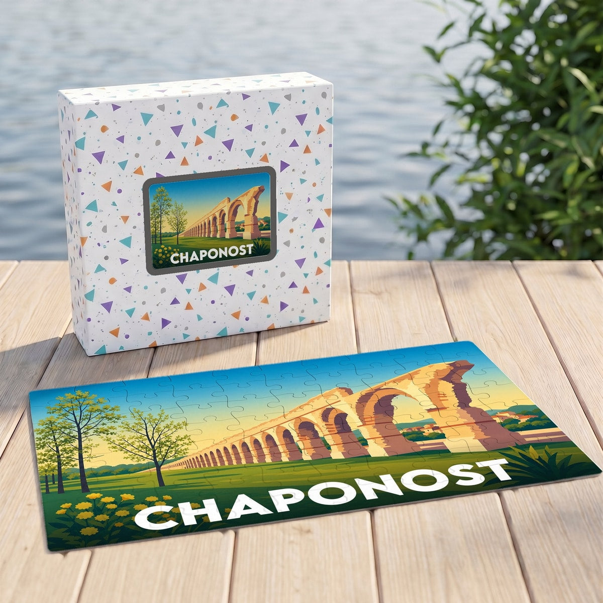 Puzzle souvenir de la ville de Chaponost illustrant son aqueduc romain avec une esthétique rétro.