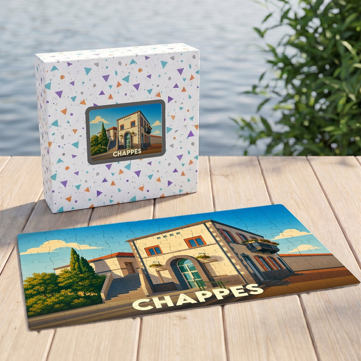 Puzzle souvenir de la ville de Chappes avec une illustration stylisée d'un bâtiment typique.