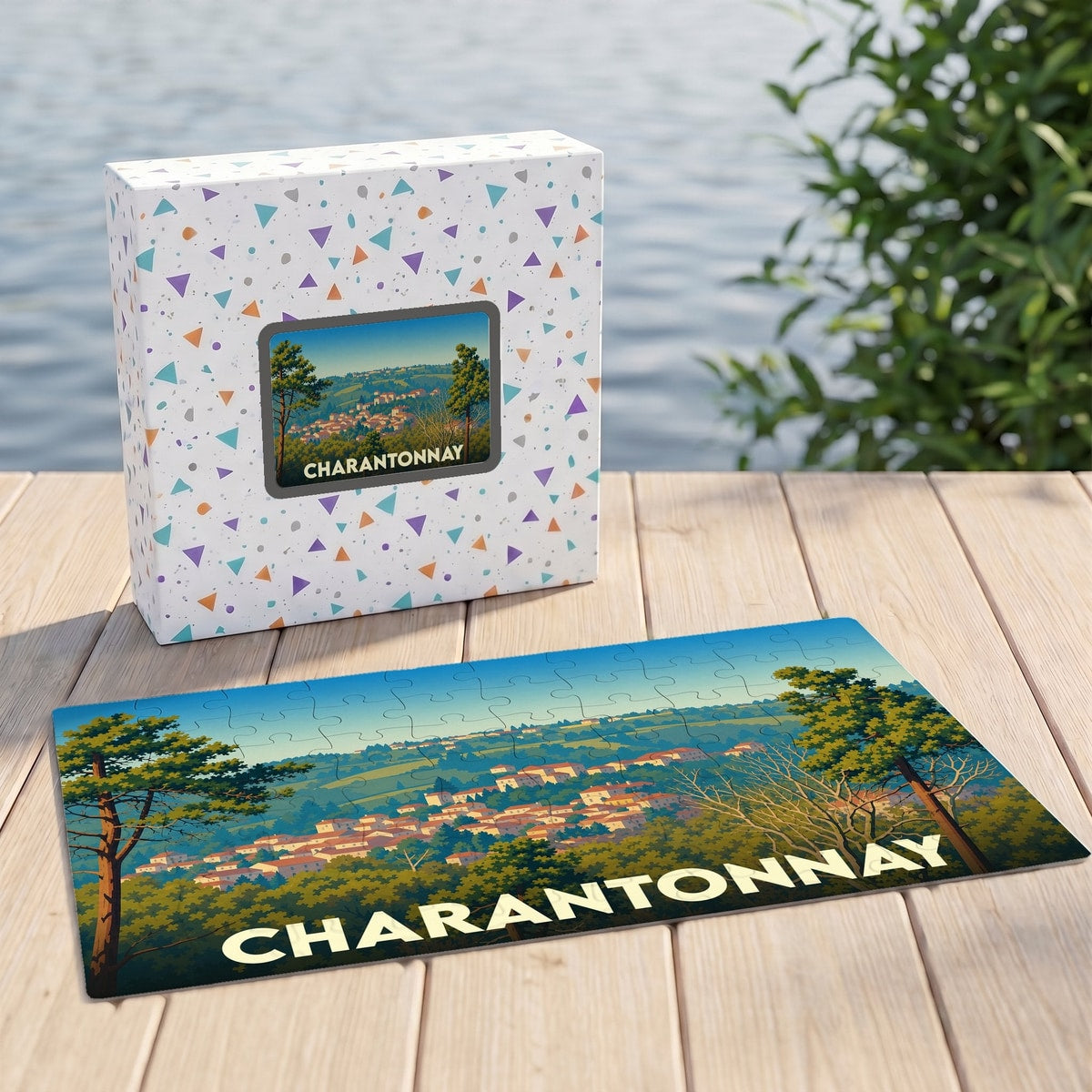 Puzzle souvenir de la ville de Charantonnay représentant un paysage illustré dans un style vintage.