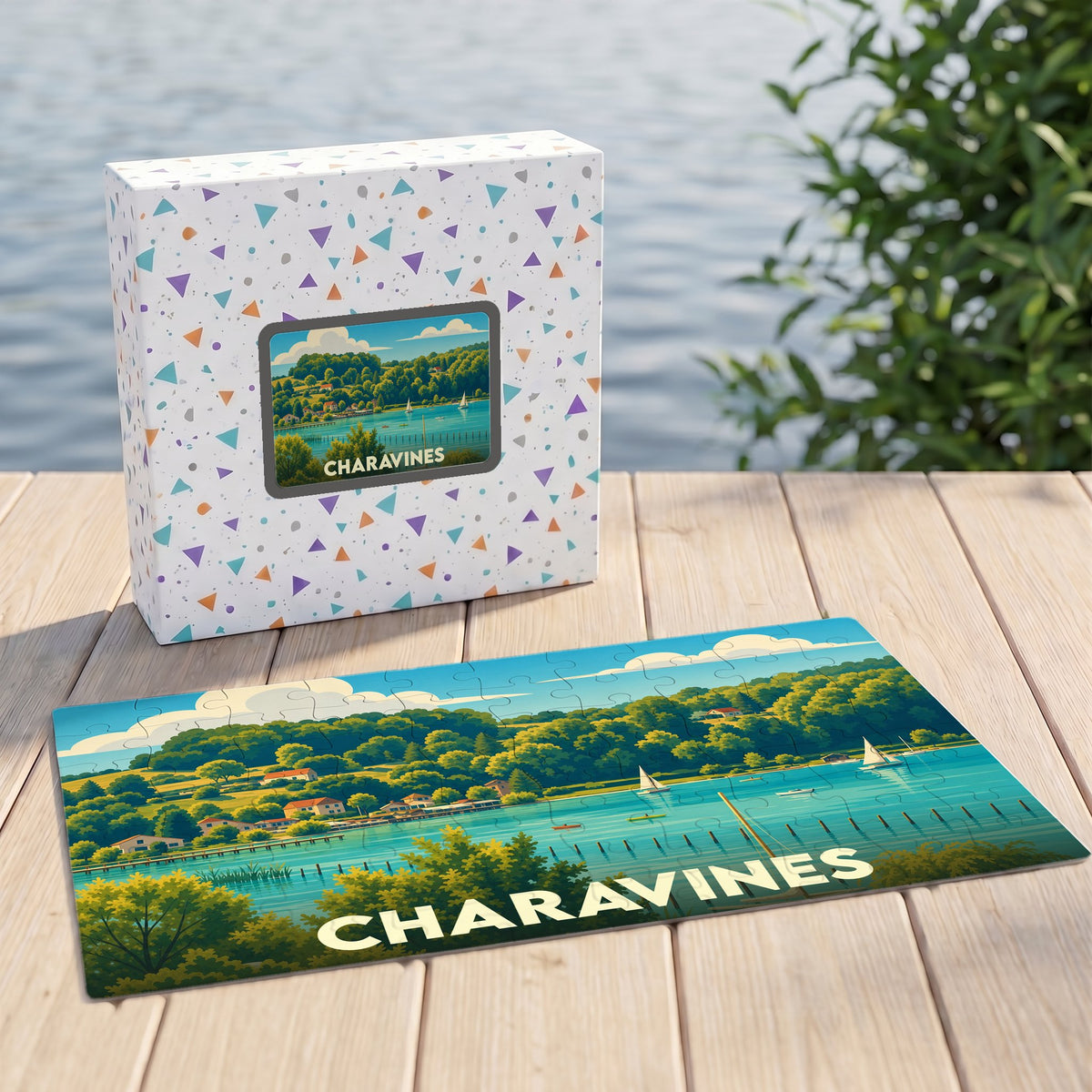 Puzzle souvenir de la ville de Charavines avec une illustration stylisée d'un paysage lacustre.