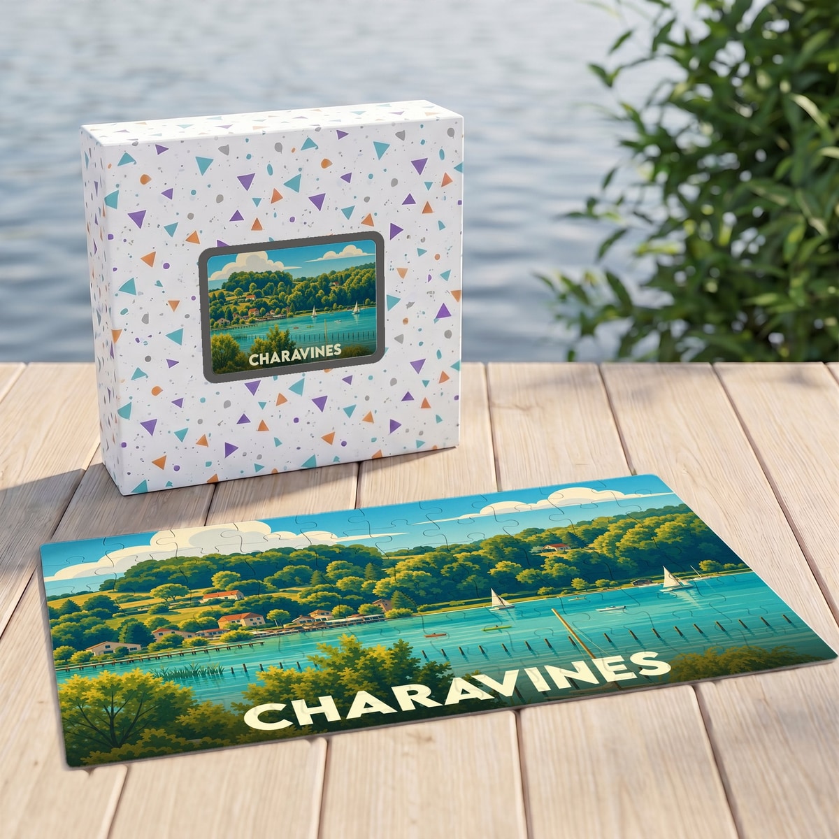 Puzzle souvenir de la ville de Charavines avec une illustration stylisée d'un paysage lacustre.