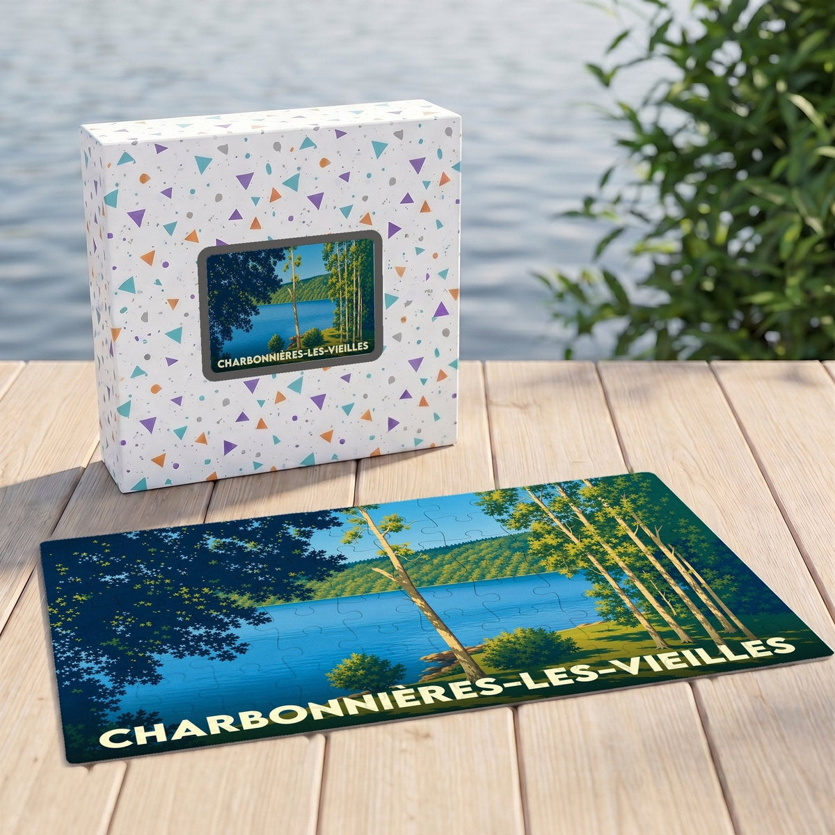 Puzzle souvenir de la ville de Charbonnières-les-Vieilles avec une illustration stylisée de son lac et sa forêt.