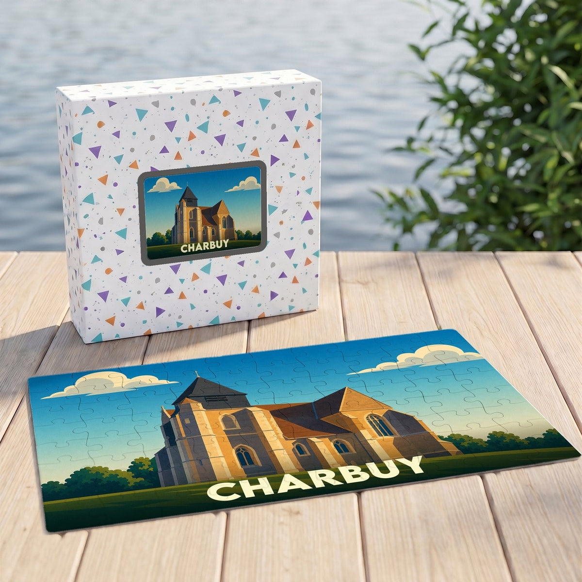 Puzzle souvenir de la ville de Charbuy illustrant son église dans un style graphique épuré.