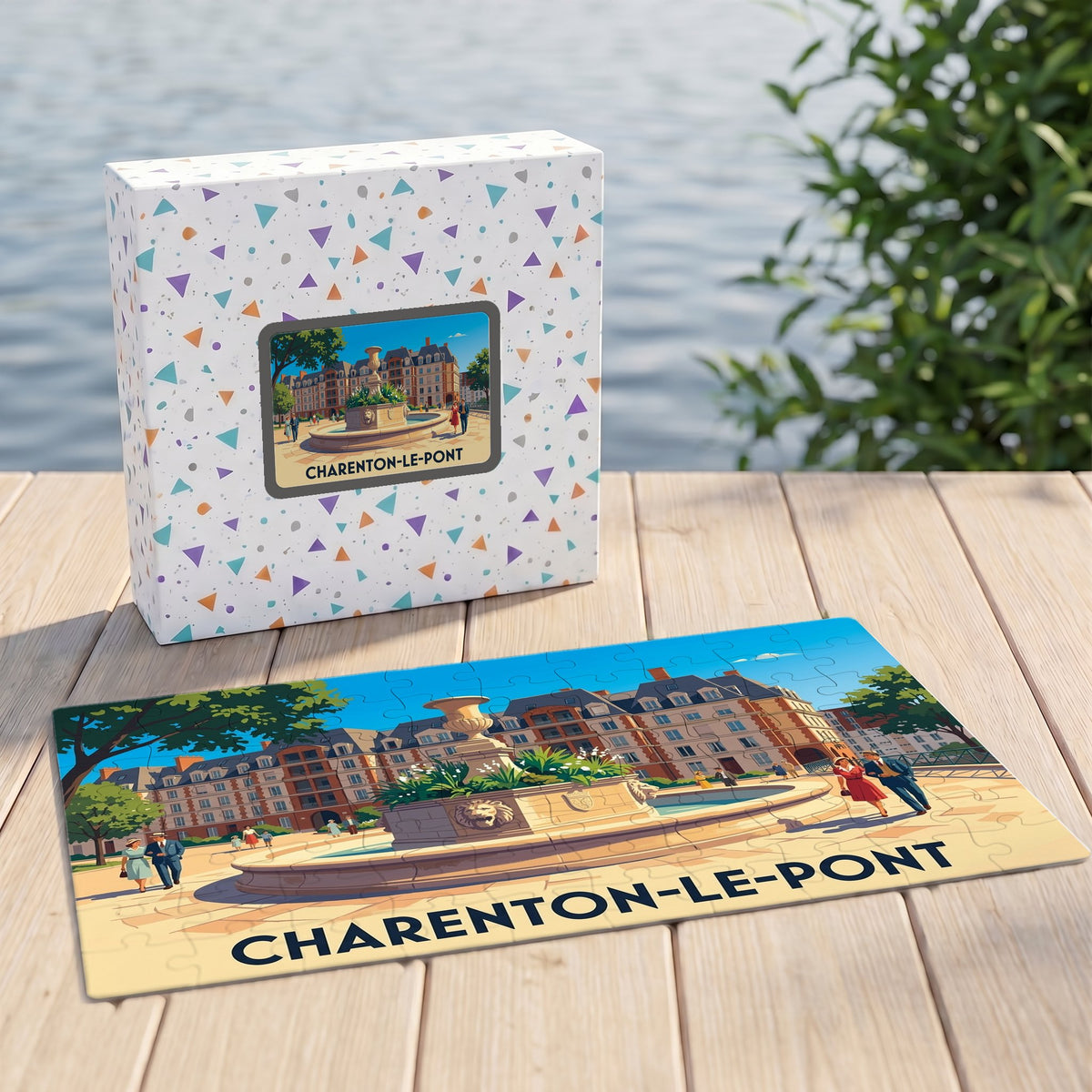 Puzzle souvenir de la ville de Charenton-le-Pont avec une illustration colorée et stylisée de sa place centrale.