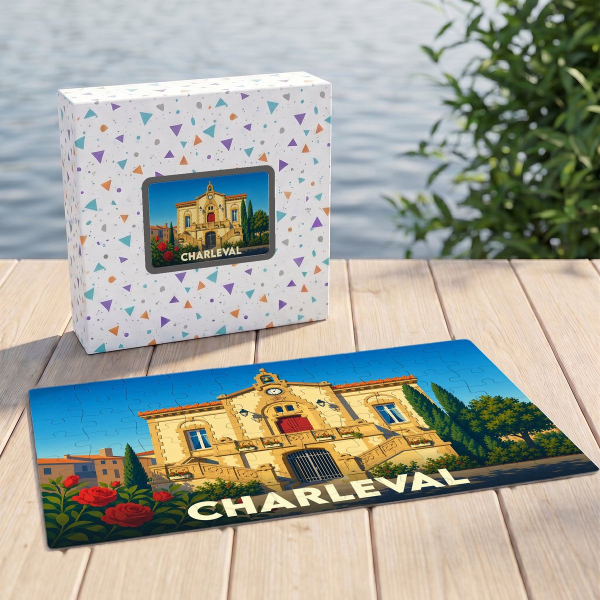 Puzzle souvenir de la ville de Charleval avec une illustration colorée de son architecture.