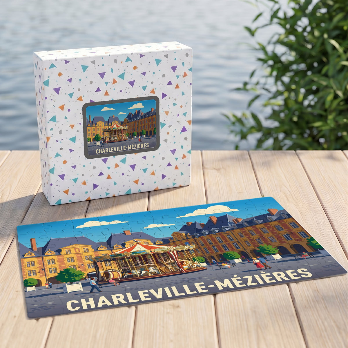 Puzzle souvenir de la ville de Charleville-Mézières avec une illustration stylisée de la place Ducale et son manège.
