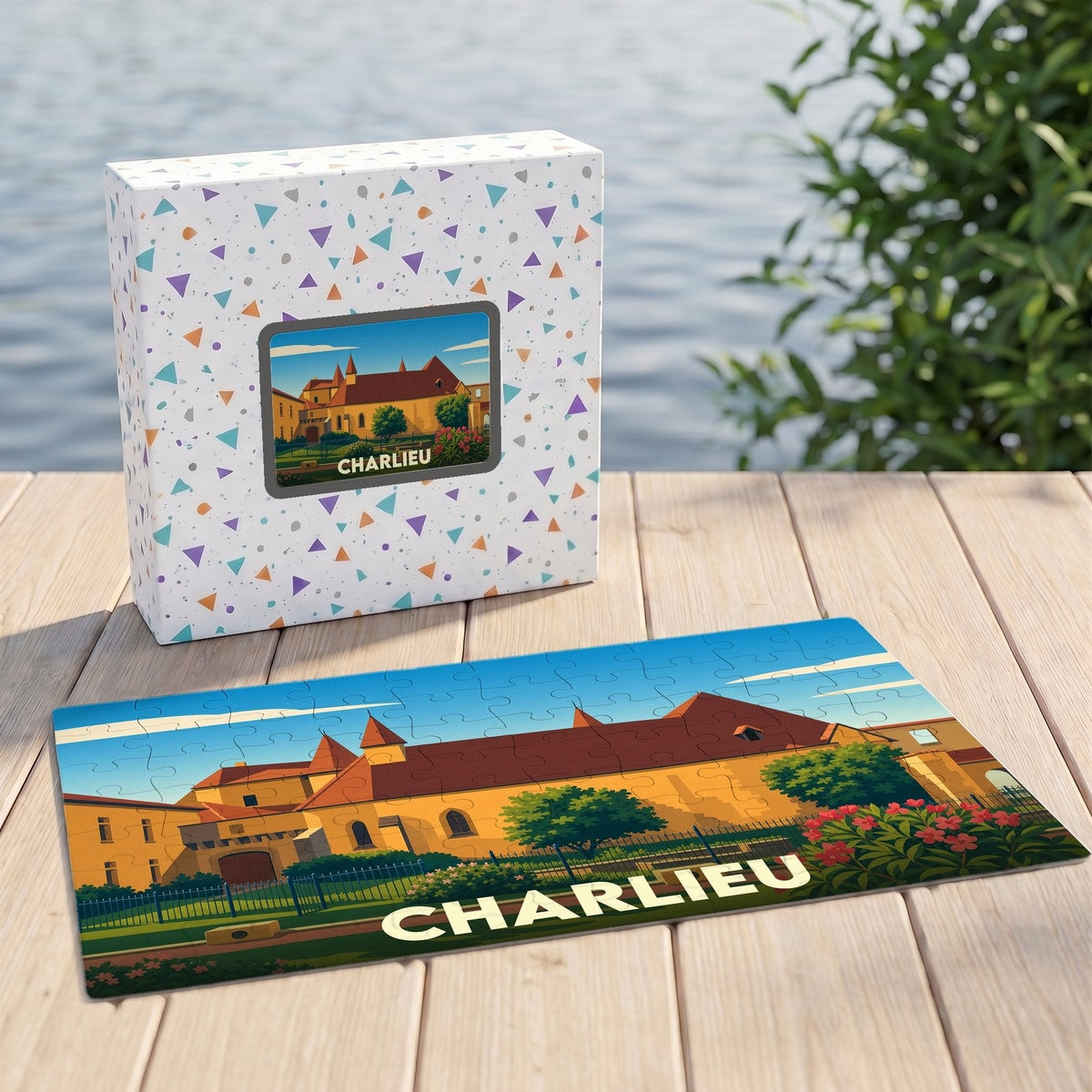 Puzzle souvenir de la ville de Charlieu avec une illustration stylisée d'un bâtiment historique.