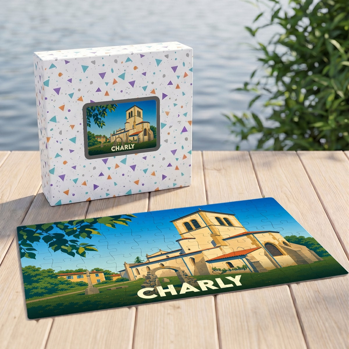 Puzzle souvenir de la ville de Charly avec une illustration stylisée de son église.
