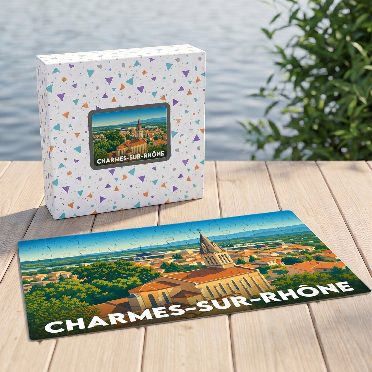 Puzzle souvenir de la ville de Charmes-sur-Rhône avec une illustration stylisée de son église et de ses paysages.