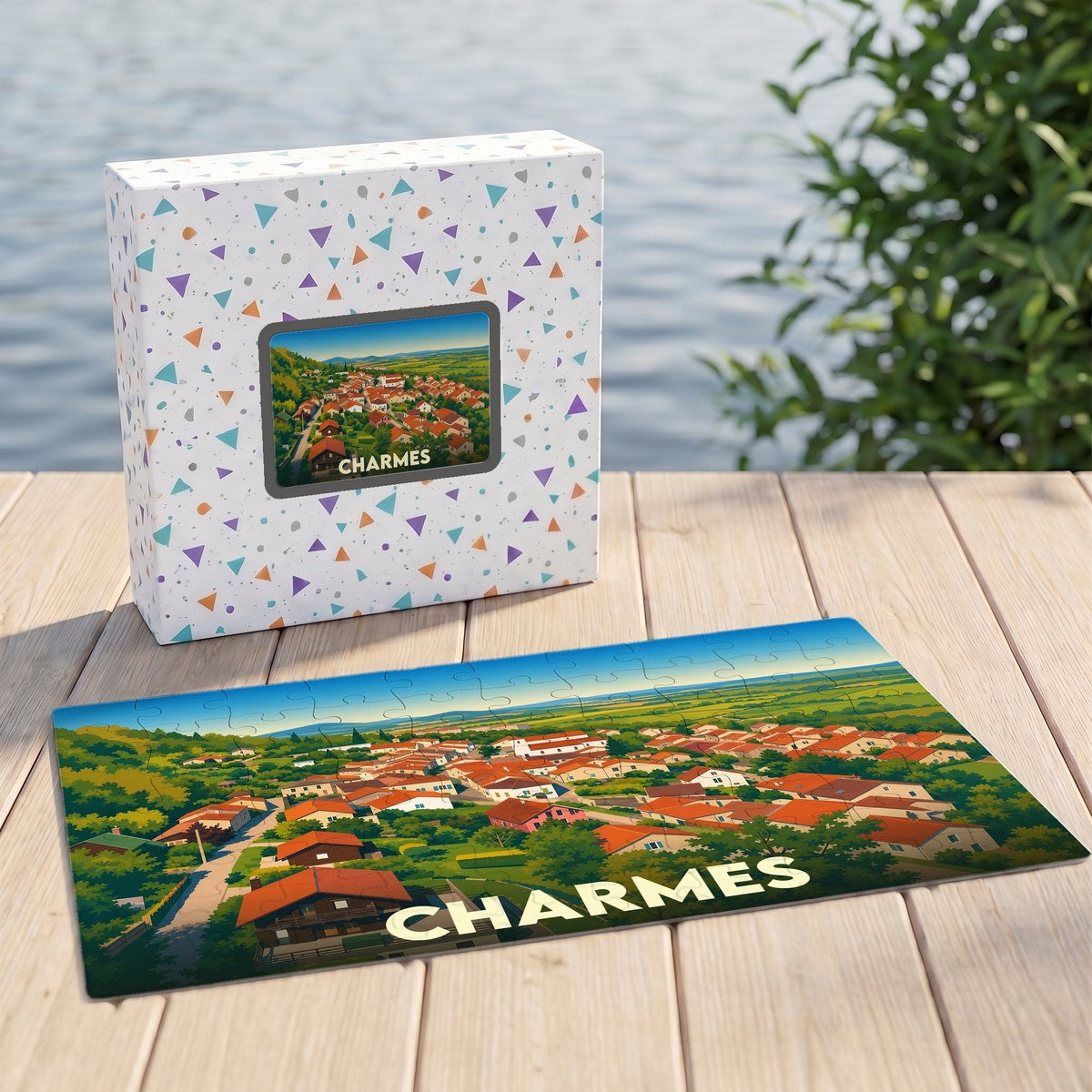 Puzzle souvenir de la ville de Charmes avec une illustration panoramique stylisée.