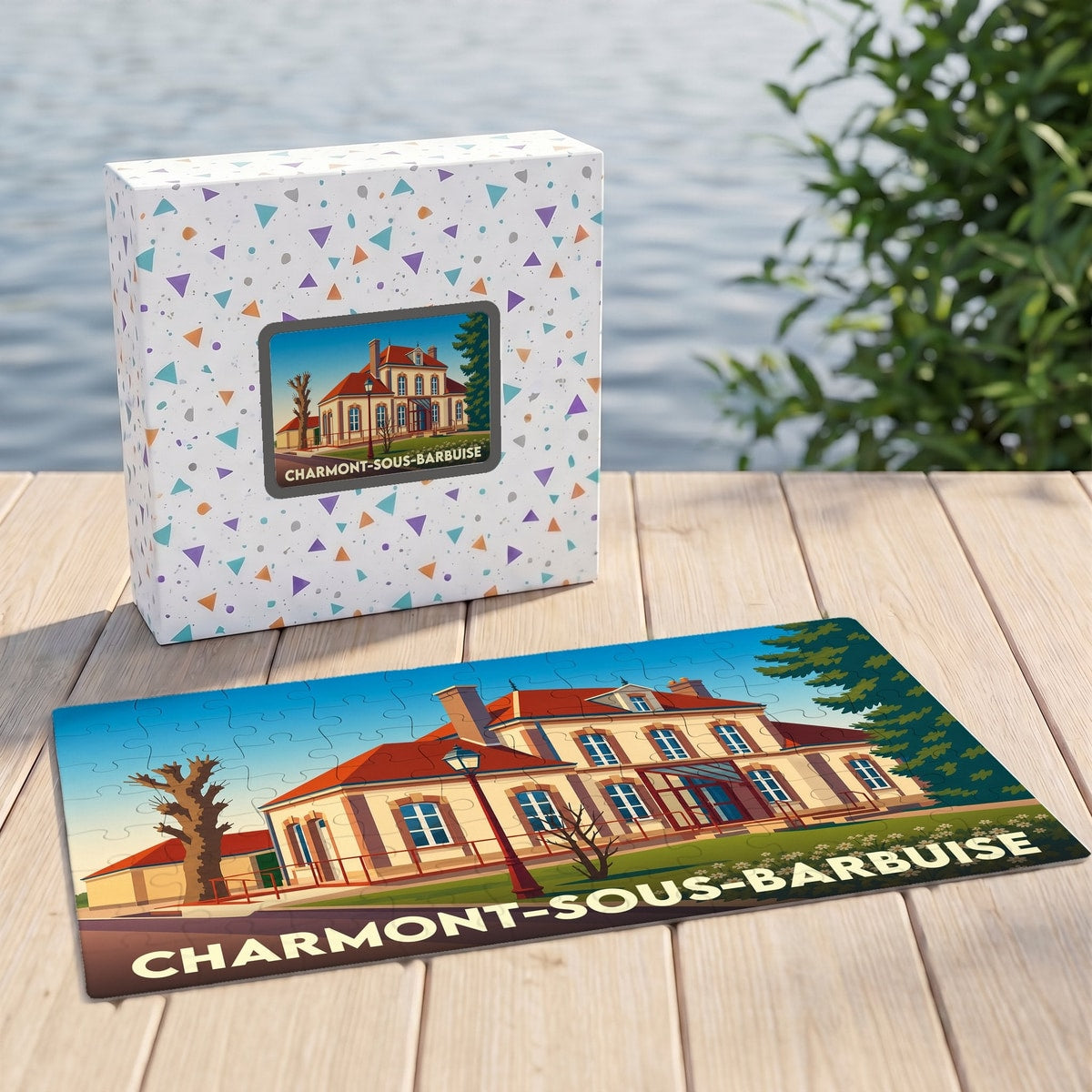 Puzzle souvenir de la ville de Charmont-sous-Barbuise avec une illustration stylisée d'un bâtiment historique.