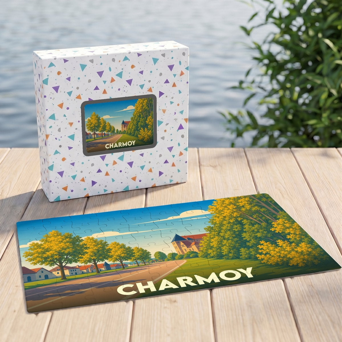 Puzzle souvenir de la ville de Charmoy avec une illustration stylisée d'un paysage automnal.
