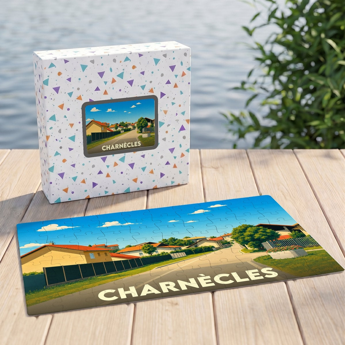 Puzzle souvenir de la ville de Charnècles avec une illustration stylisée d'un quartier résidentiel.