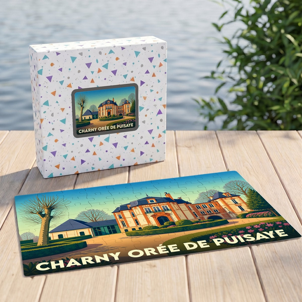 Puzzle souvenir de la ville de Charny Orée de Puisaye avec une illustration stylisée d'un château.