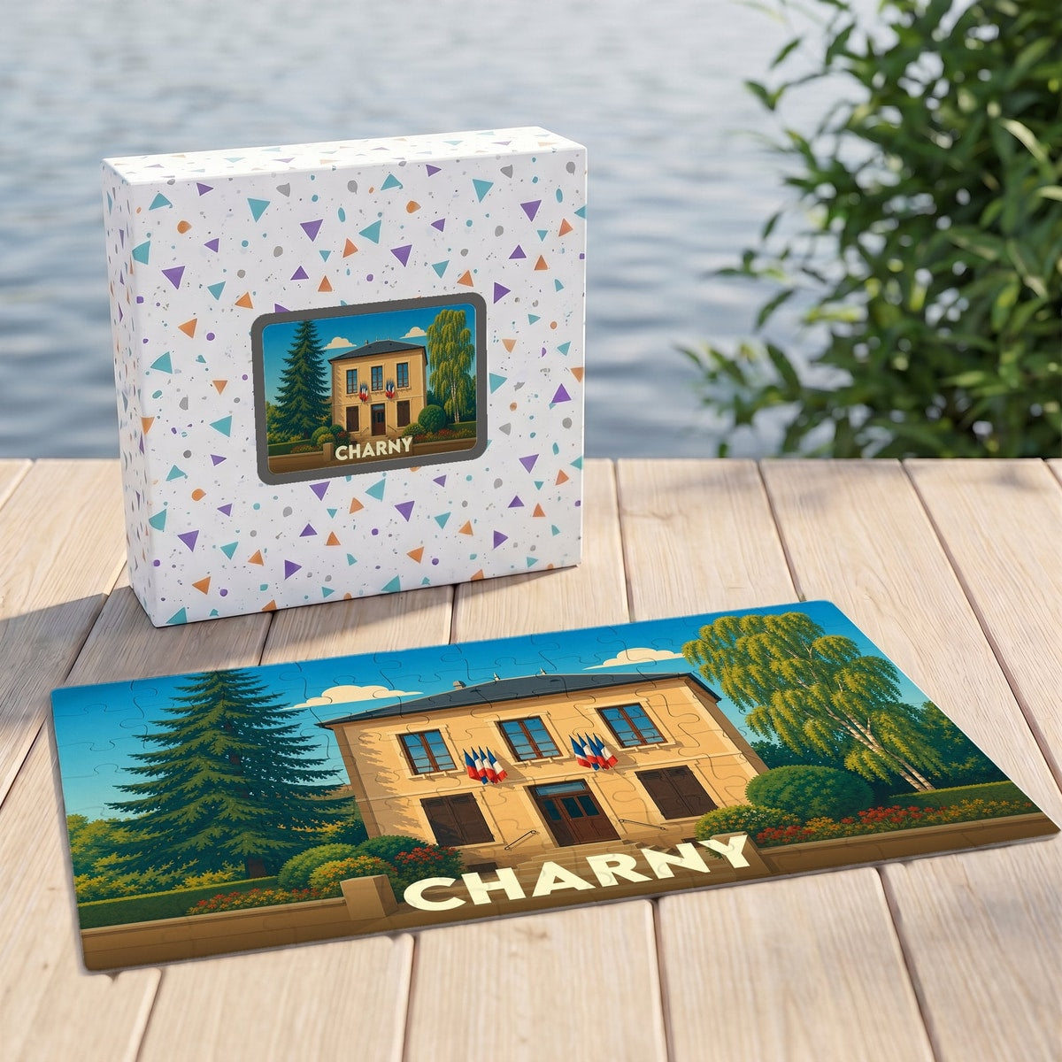 Puzzle souvenir de la ville de Charny présentant une illustration colorée de l'hôtel de ville.