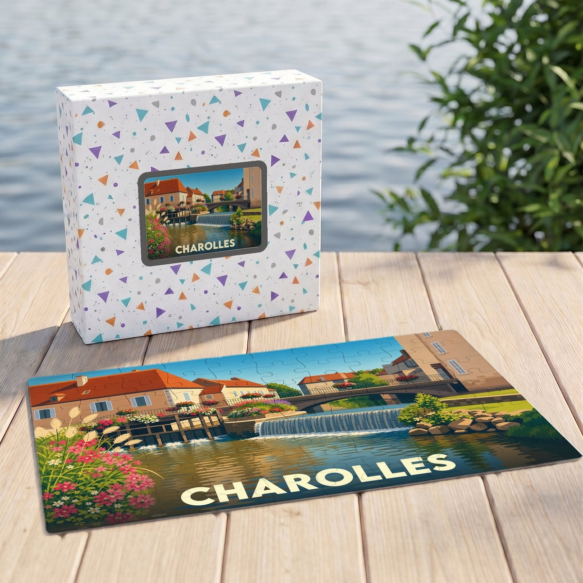 Puzzle souvenir de la ville de Charolles avec une illustration stylisée d'un paysage fluvial.