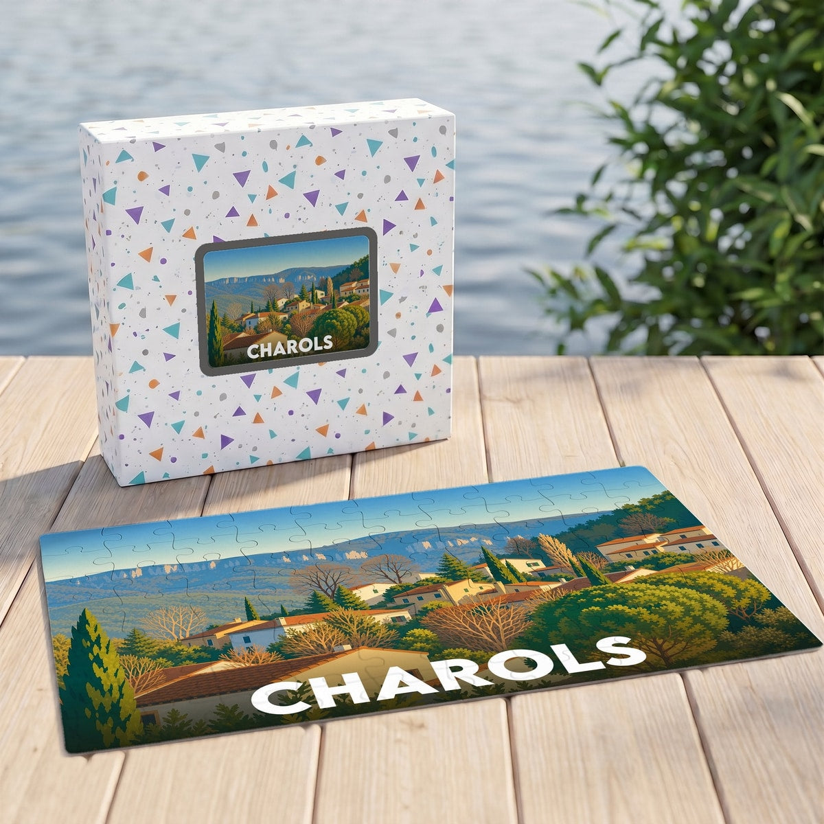 Puzzle souvenir de la ville de Charols illustrant un paysage provençal stylisé.